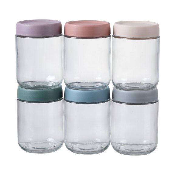 Novelinks 6 Pack 16oz Glass Jars with Colorful Plastic Lids, Airtight Clear Food Storage Containers for Pantry, Spices, Stackable & Reusable Canisters