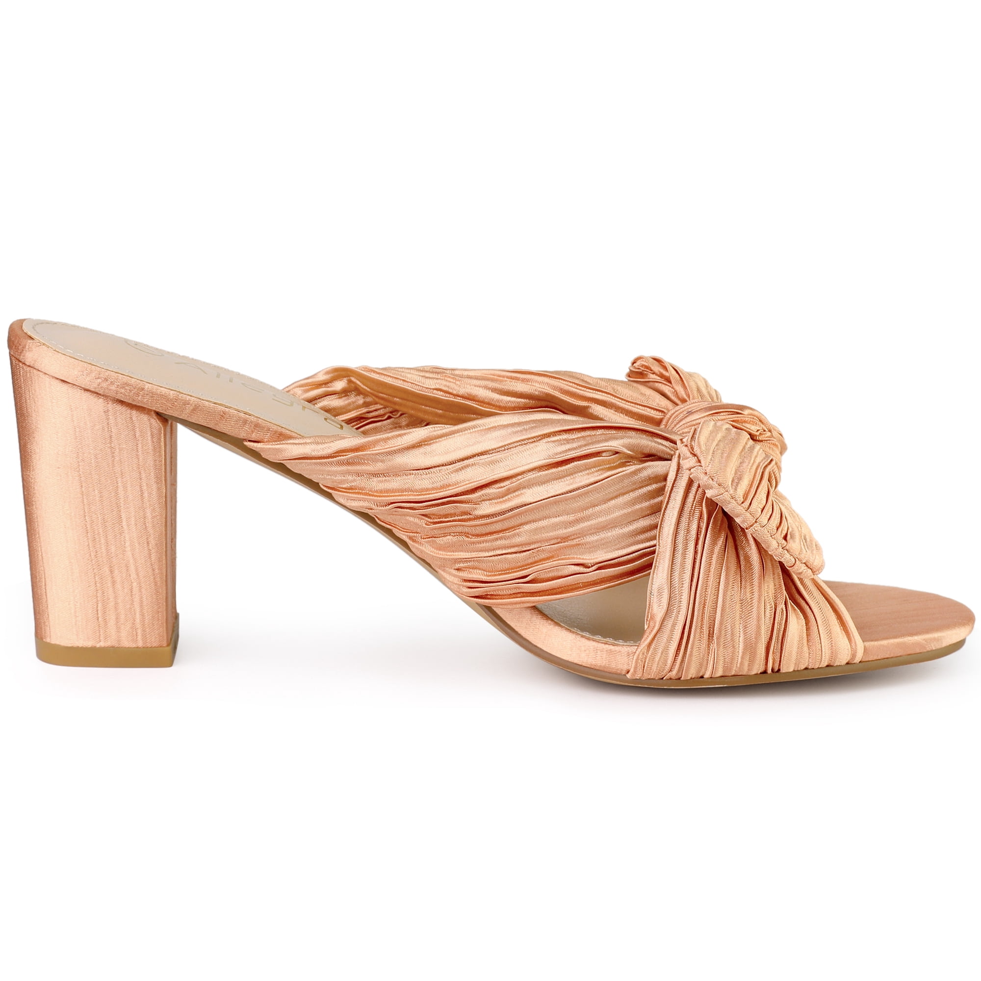 DARING DIVA Women's Pleated Bow Heels Slip on Chunky Heel Slouches Rose Gold 7