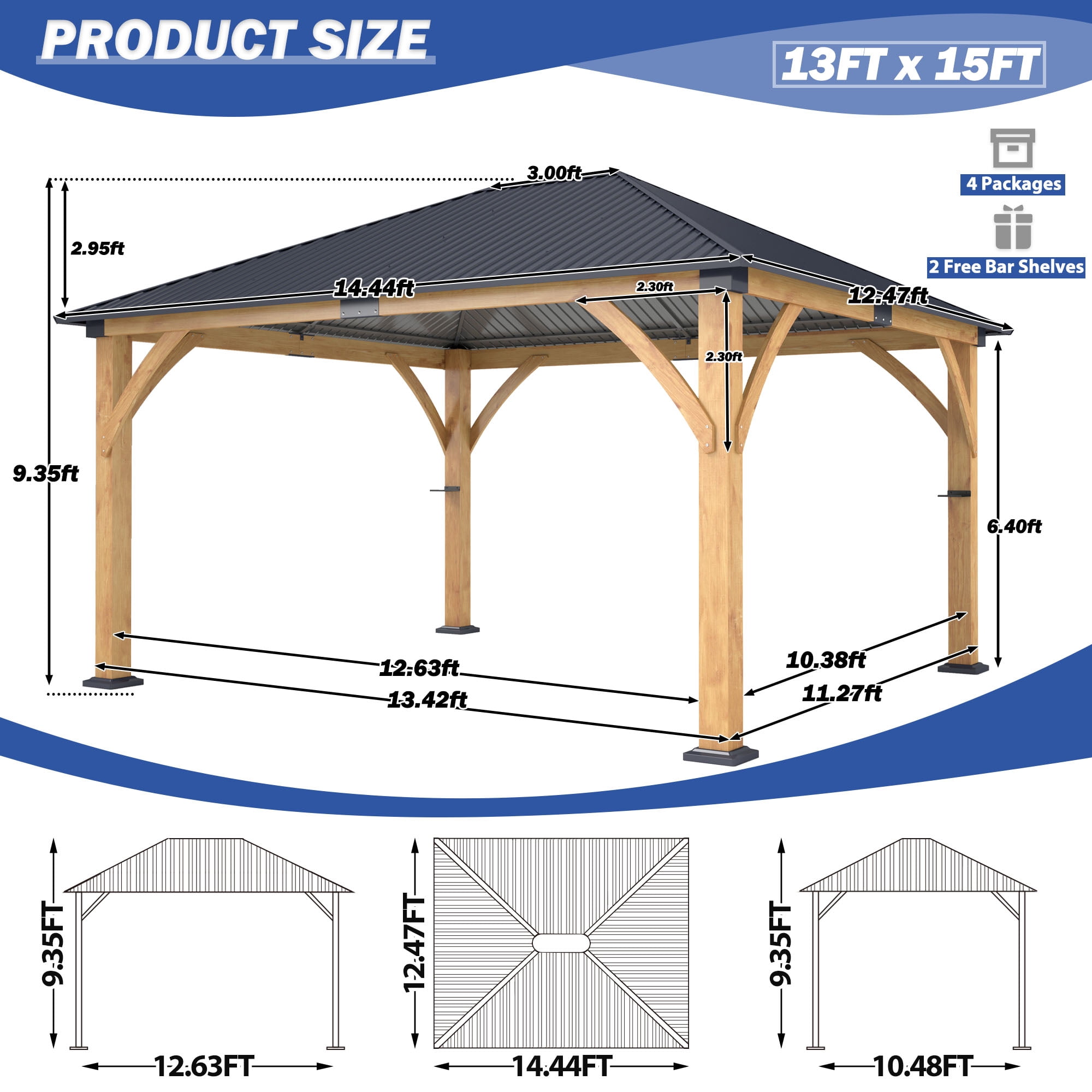 Howsvn 13 ft. x 15 ft Outdoor Hip Roof Spruce Wooden Gazebo, Heavy-duty Hard Top Steel Metal Roof Gazebo Pavilion, Weather Protected Permanent Canopy for Patio, Garden, Backyard