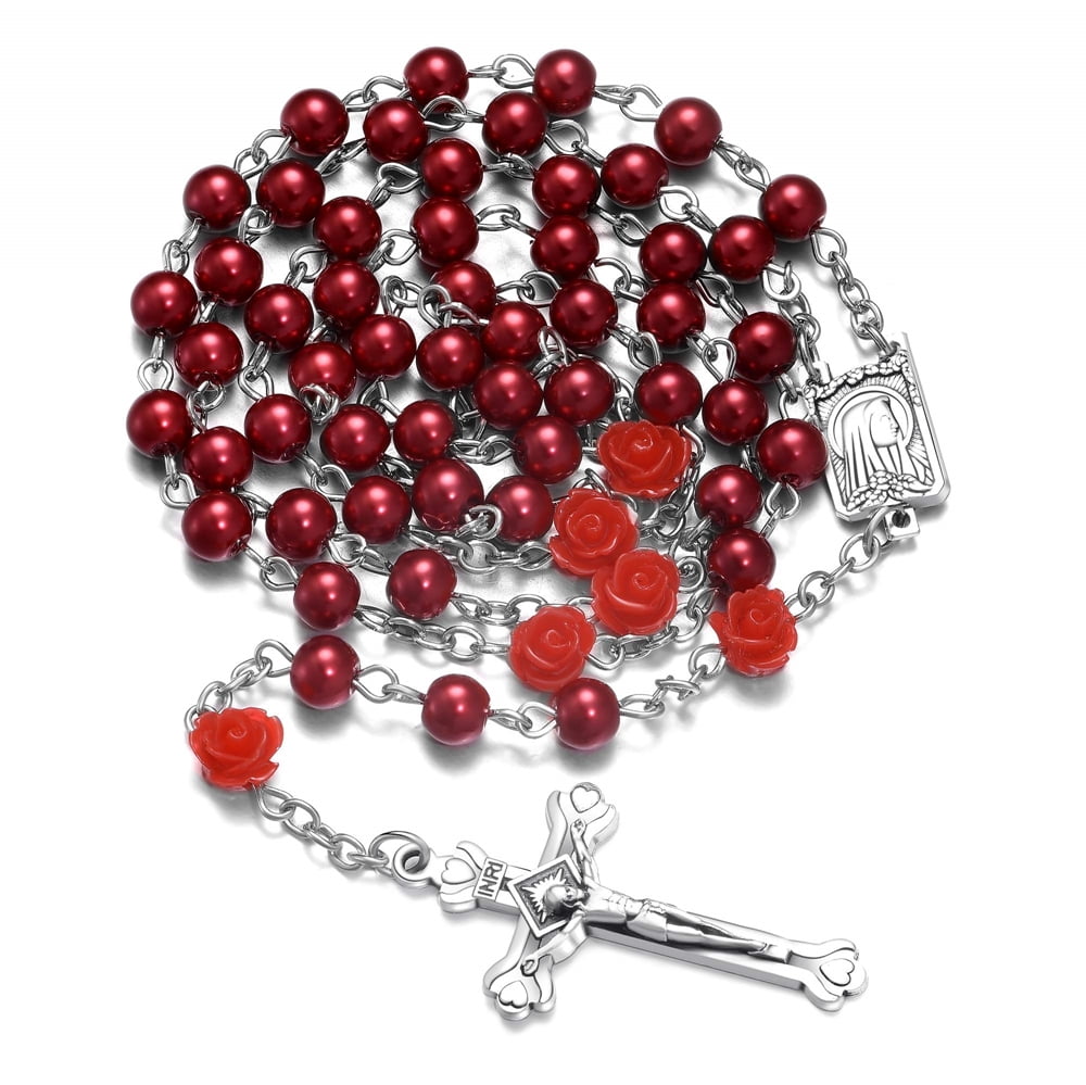 YQZIYOU 6mm Pearl Beads Catholic Rosary Necklace with Flower Jesus