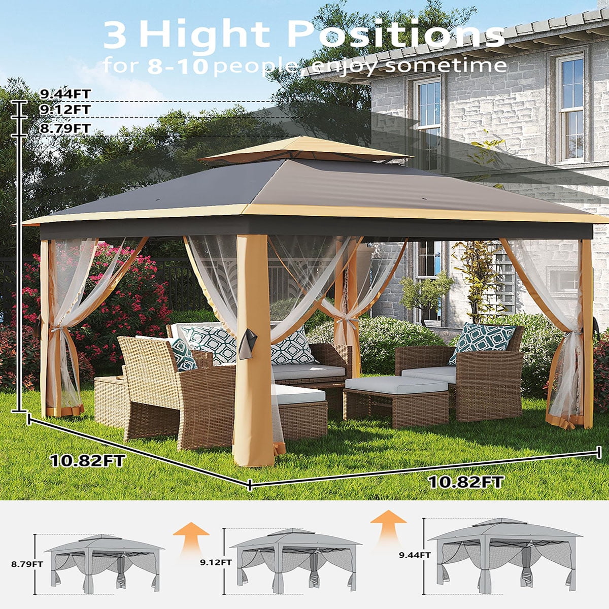 Ataucjin 11x11 FT Outdoor Gazebo, Heavy Duty Pavilion with Sturdy Metal Frame & Double Roofs, Patio Shelter with Mosquito Netting, Ideal for Backyard, Garden, Lawn, Deck