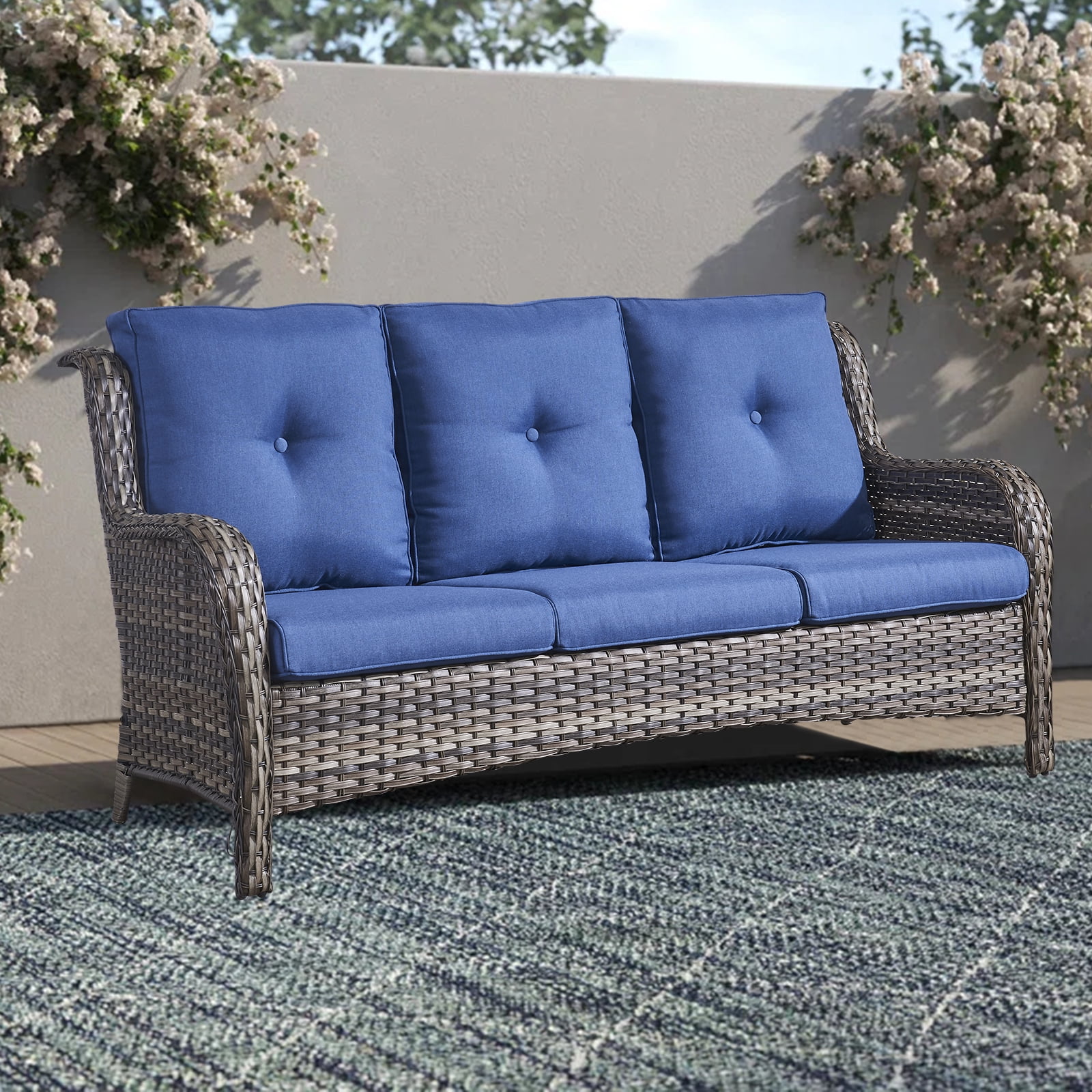 PARKWELL 3Seat Patio Wicker Sofa Outdoor Rattan Couch Steel Frame
