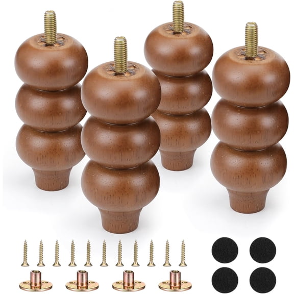 4 Inch Wood Furniture Legs Set of 4 Rubber Wood Couch Legs Round Furniture Replacement Mid Century Bun Feet for Desk Dresser Sofa Cabinet Ottoman Chair and Bed(Brown)