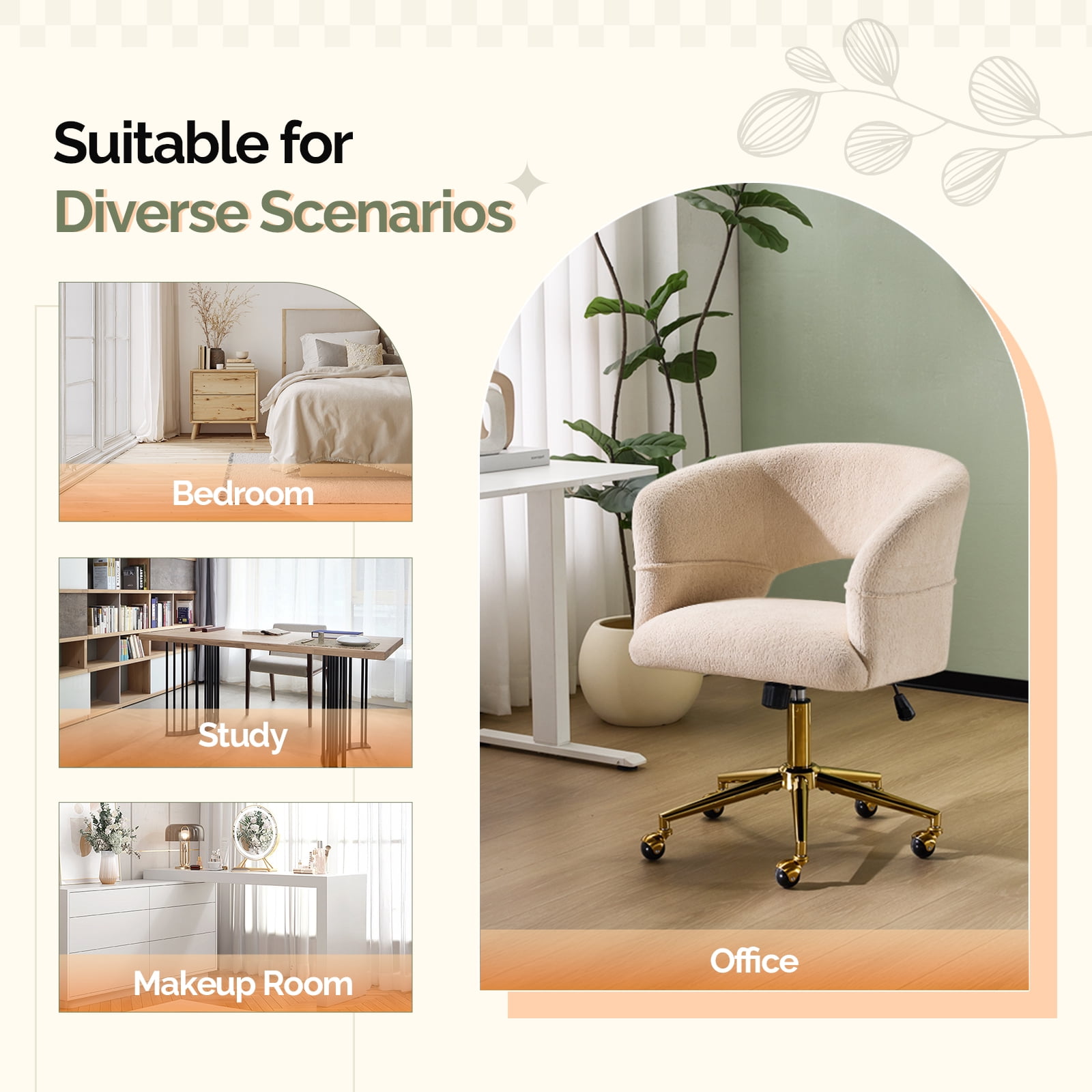 Ktaxon Flannel Accent Chair Multi-Use Makeup Desk Chair with 360 Swivel Adjustable Height for Bedroom Office Dorm Beige