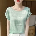thumbnail image 2 of XPMWRP Women's Summer Satin Crew Neck Jacquard Blouses Dressy Casual Rolled Short Sleeve Soft Comfy Elegant Shirts Mint Green XXXL, 2 of 3