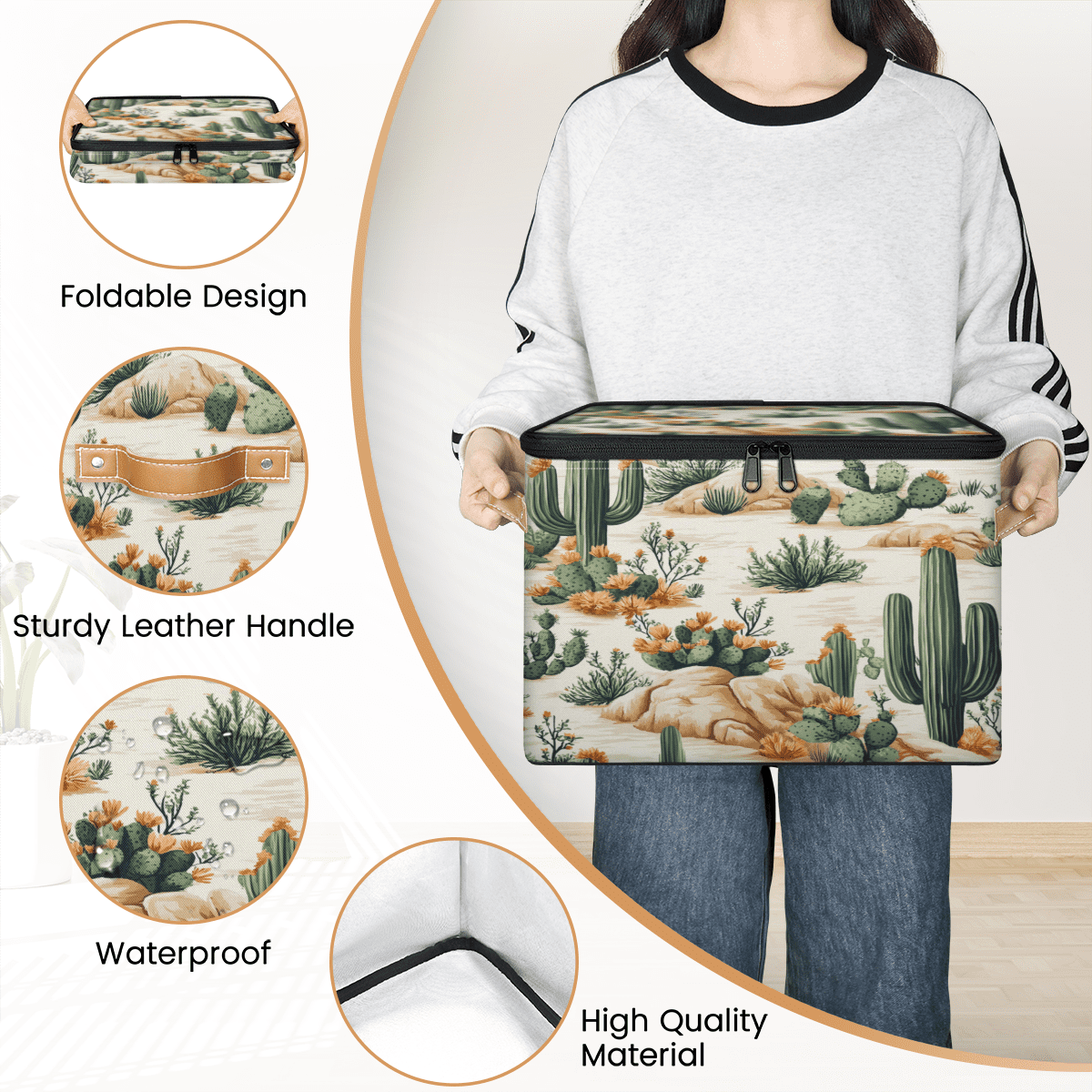 ADECORIVY Cactus Storage Bin with Lid Fabric Tropical Desert Cactus Plant Foldable Storage Baskets Boxes for Clothes Shelves Closet Organizer Containers with Leather Handles for Wardrobe