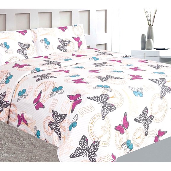 Butterfly White New 4Pc Full Colorful Soft & Vibrant Printed Pattern Microfiber Bedding Sheet Set Flat sheet, Fitted sheet, and 2 Pillowcases