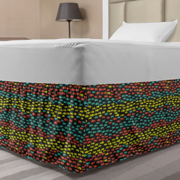 Fish Bed Skirt, Doodle Style Retro Underwater Life Sea Animals Simple Silhouettes in Different Colors, Elastic Bedskirt Dust Ruffle Wrap Around for Bedding Decor, 4 Sizes, Multicolor, by Ambesonne