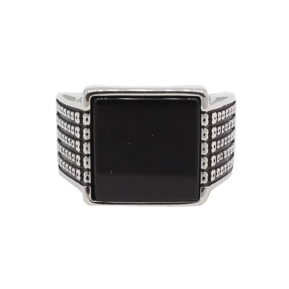 PAMTIER Men's Stainless Steel Vintage Domineering Square Cut Special Flower Patter Carved Black Synthetic Turquoise Gemstone Biker Ring Size 7