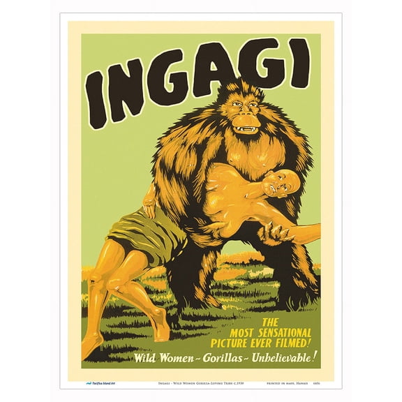 Ingagi - Wild Women Gorilla-Loving Tribe - Vintage Exploitation Film Movie Poster c.1930 - Master Art Print (Unframed) 9in x 12in
