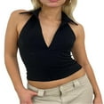 thumbnail image 2 of Women Summer Halterneck Tops V-neck Solid Color Backless Crop Tops, 2 of 8