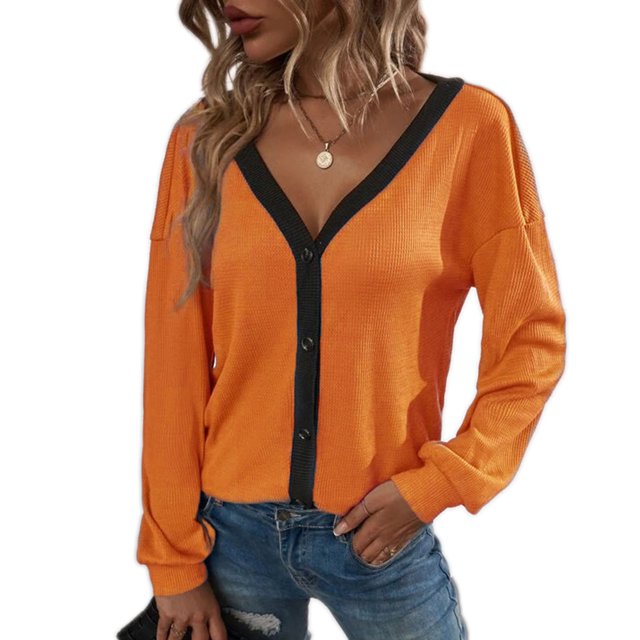 Cárdigan para Mujer Top con Cuello en V Diseño de Empalme a Cuadros Walf Manga con Hombros caídos Top de Mujer con un Solo Pecho para el hogar al Aire Libre Naranja S