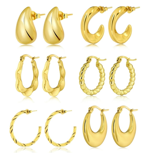 JeenMata - Juego de Regalo de 6 Pares de Pendientes para Mujer de Uso Diario en Baño de Oro Amarillo, Gruesos, Abiertos, Ligeros, de Aro, Hipoalergénicos, Retorcidos para Mujer
