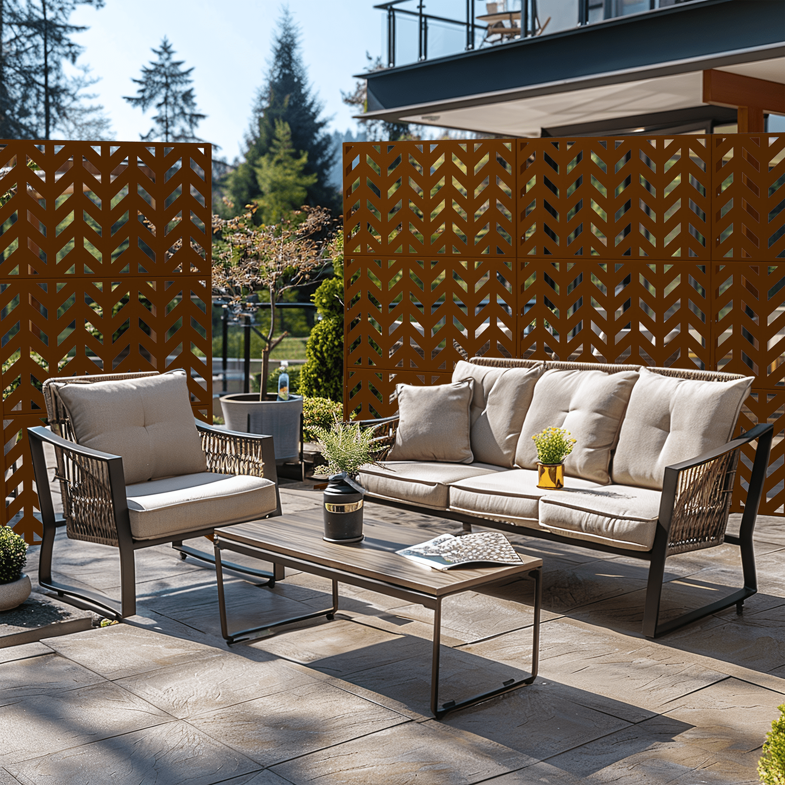 MAYEERTY 72"x47"x16" Outdoor Privacy Screen with Stand Metal Balcony Decorative Screen,Brown