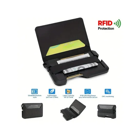 Men's Wallet EDC Minimalist Tactical Wallet RFID Blocking Slim Aluminum Metal Wallet - Smart Front Pocket Wallet Men Wallets With Cash Strap Card Box