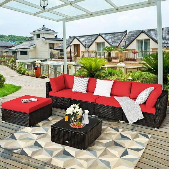 6PCS Outdoor Patio Rattan Furniture Set Cushioned Sectional Sofa Red