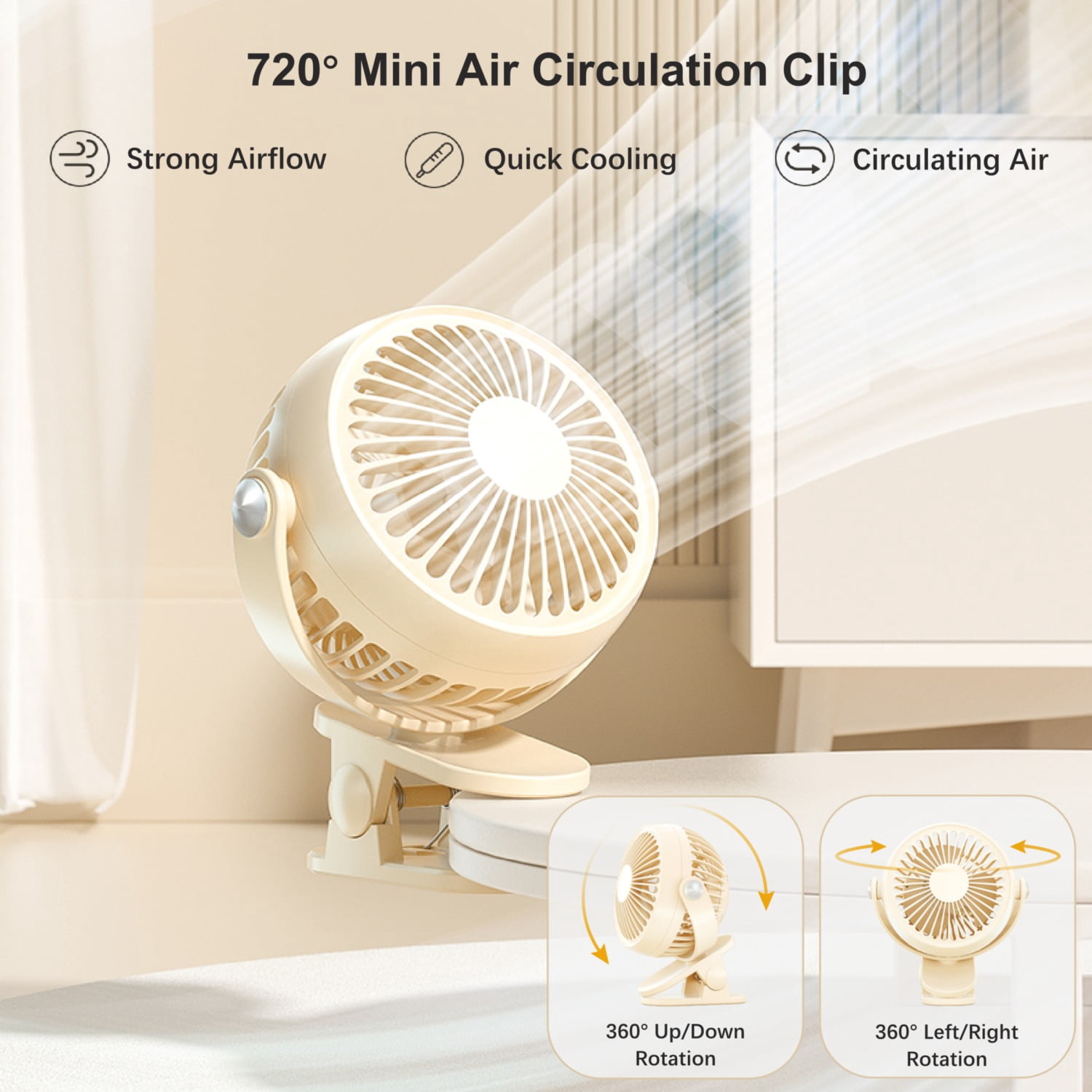 Aioneus Clip On Fan 5-Speed 360° Rotation Battery Operated Small Desk fan, Blue