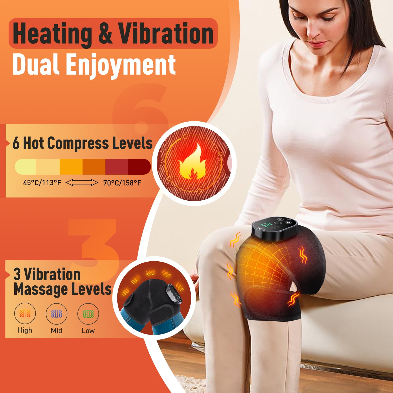 Cordless Heated Knee Massager with Vibration, Heated Knee Brace Wrap, Heating Shoulder Brace Support Wrap for Knee Elbow, Heating Pad with 6 Heating Levels, 3 Massage Modes&Timer(Gray)