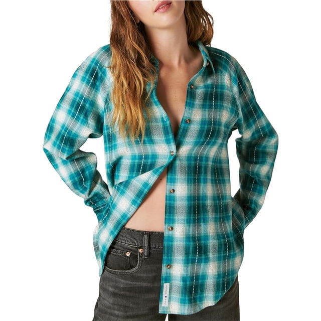 Lucky Brand Womens Oversized Plaid Button Up Shirt, green, M