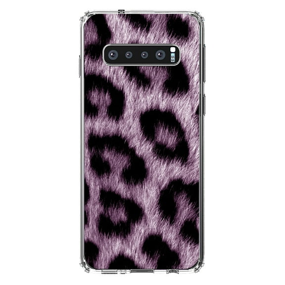 DistinctInk Clear Shockproof Hybrid Case for Samsung Galaxy S10 (6.1" Screen) - TPU Bumper, Acrylic Back, Tempered Glass Screen Protector - Purple Black Leopard Fur Skin Print