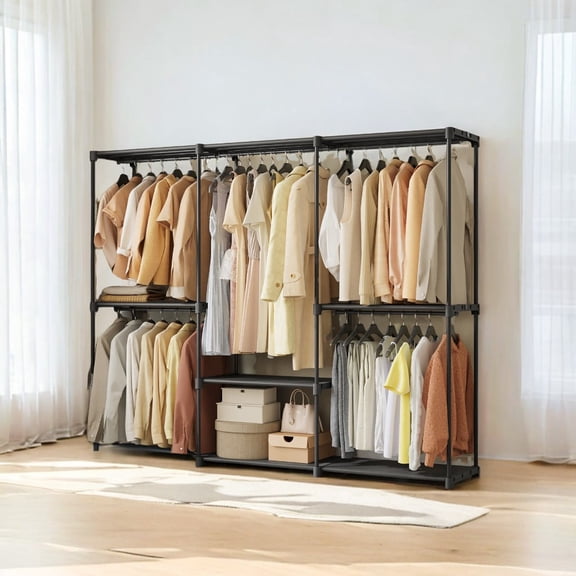 LEDREM Freestanding Closet Organizer with 6 Hanging Rods & Shelves , Portable Wardrobe Rack for Bedroom Cloakroom , Tool-Free Assembly ,Ink Black