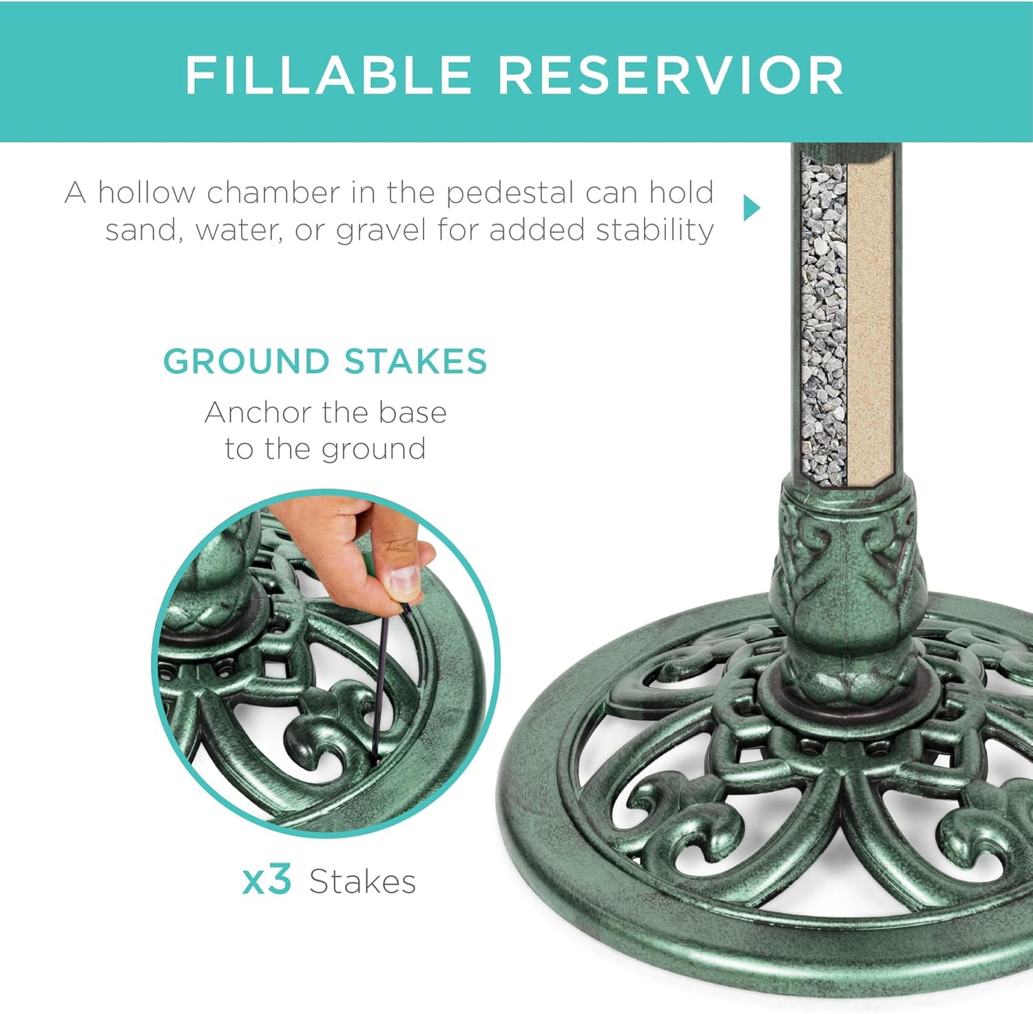 HJTER 28in Pedestal Bird Bath, Vintage Outdoor Resin Accent Decoration w/Fleur-de-Lis Accents - Mint Green