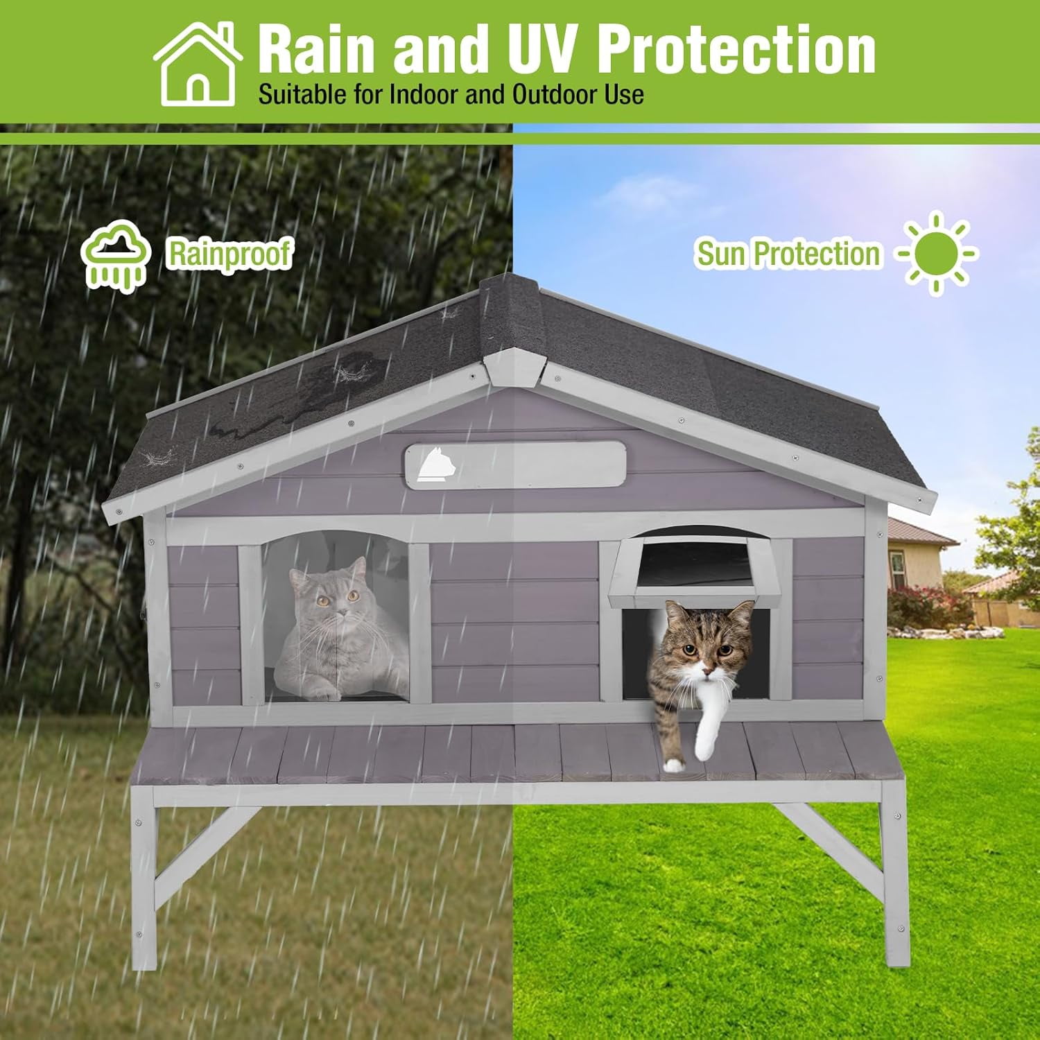 Aivituvin Outdoor Cat House Weatherproof with 3 Entry Doors, Elevated Base & PVC Curtain, Indoor/Outdoor Kitty Shelter for Small-Medium Pets