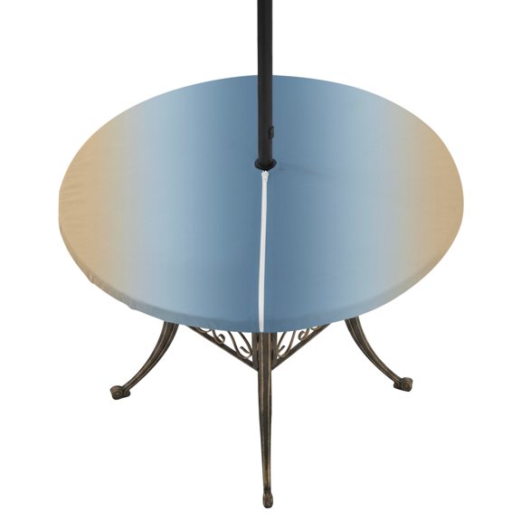 Light Blue Khaki Ombre Round Outdoor Tablecloth with Umbrella Hole Zipper, Modern Abstract Art Gradient Elastic Fitted Table Cover, Waterproof Table Cloth for Patio Picnic Party Fits 54"-60"