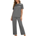 thumbnail image 3 of VBTAPA Womens Lounge Set 2 Piece Pajama Sets Short Sleeve Pleated Front T-shirt and Wide Leg Pants Matching Summer Loungewear Gray M, 3 of 8
