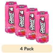(4 pack) GHOST® ENERGY Zero Sugar Energy Drink, BUBBLICIOUS® Strawberry Splash, 200mg Natural Caffeine, 16 fl oz Can