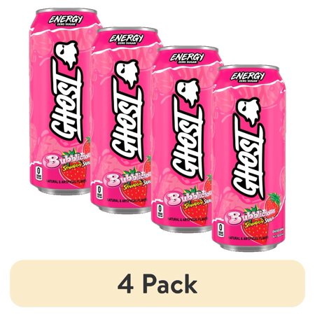 (4 pack) GHOST® ENERGY Zero Sugar Energy Drink, BUBBLICIOUS® Strawberry Splash, 200mg Natural Caffeine, 16 fl oz Can