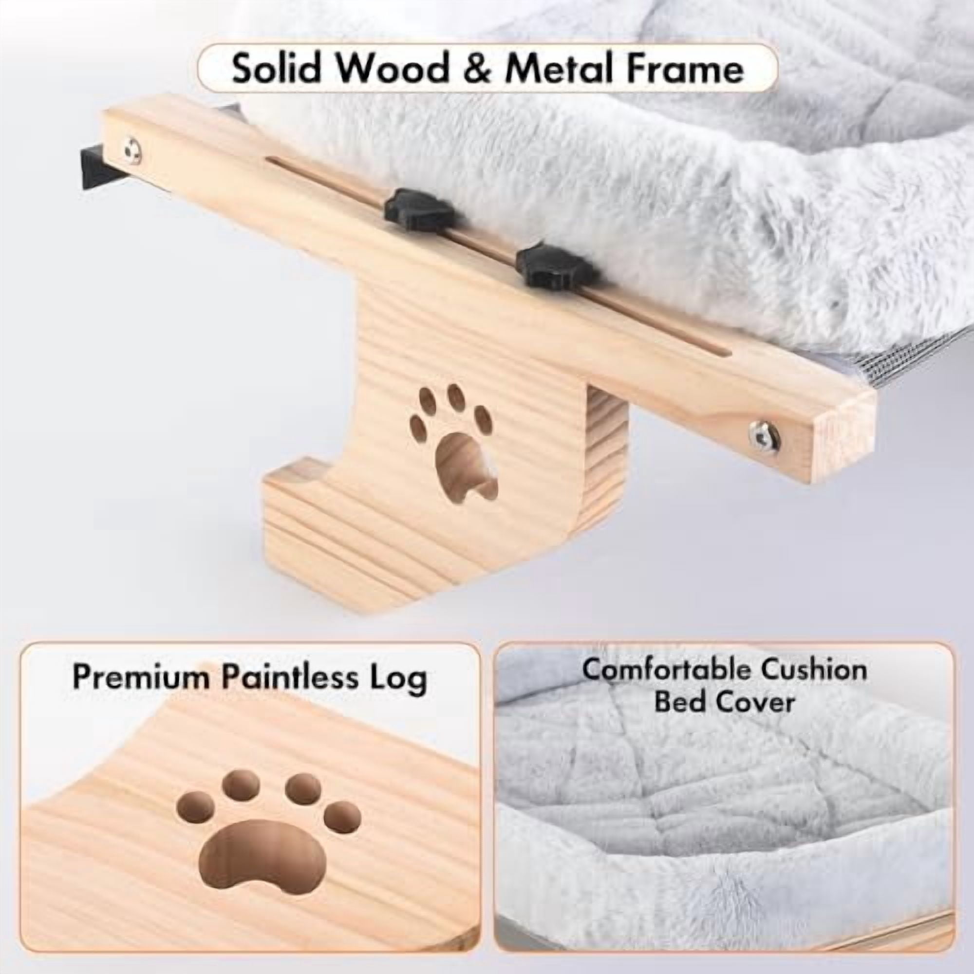 Cat Sill Window Perch Sturdy Hammock Window Seat with Cushion Cover, Wood & Metal Frame for Large Cats, Easy to Adjust Cat Bed for Windowsill, Bedside, Drawer and Cabinet (L)