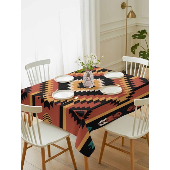 Aztec Southwest Tablecloth Rectangle Table Cloth 60x102, Waterproof Tablecloth Outdoor Table Cloth, Orange Black Boho Tribes Abstract Washable Table Cover for Kitchen Dinning Party