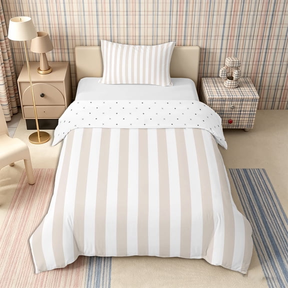 Meiyoeat Modern Pinstripe Twin Duvet Cover, Simple Straight Line Twin Bedding, Beige White,Reversible,2pcs,No Comforter1 Duvet Cover and 1 Pillowcase