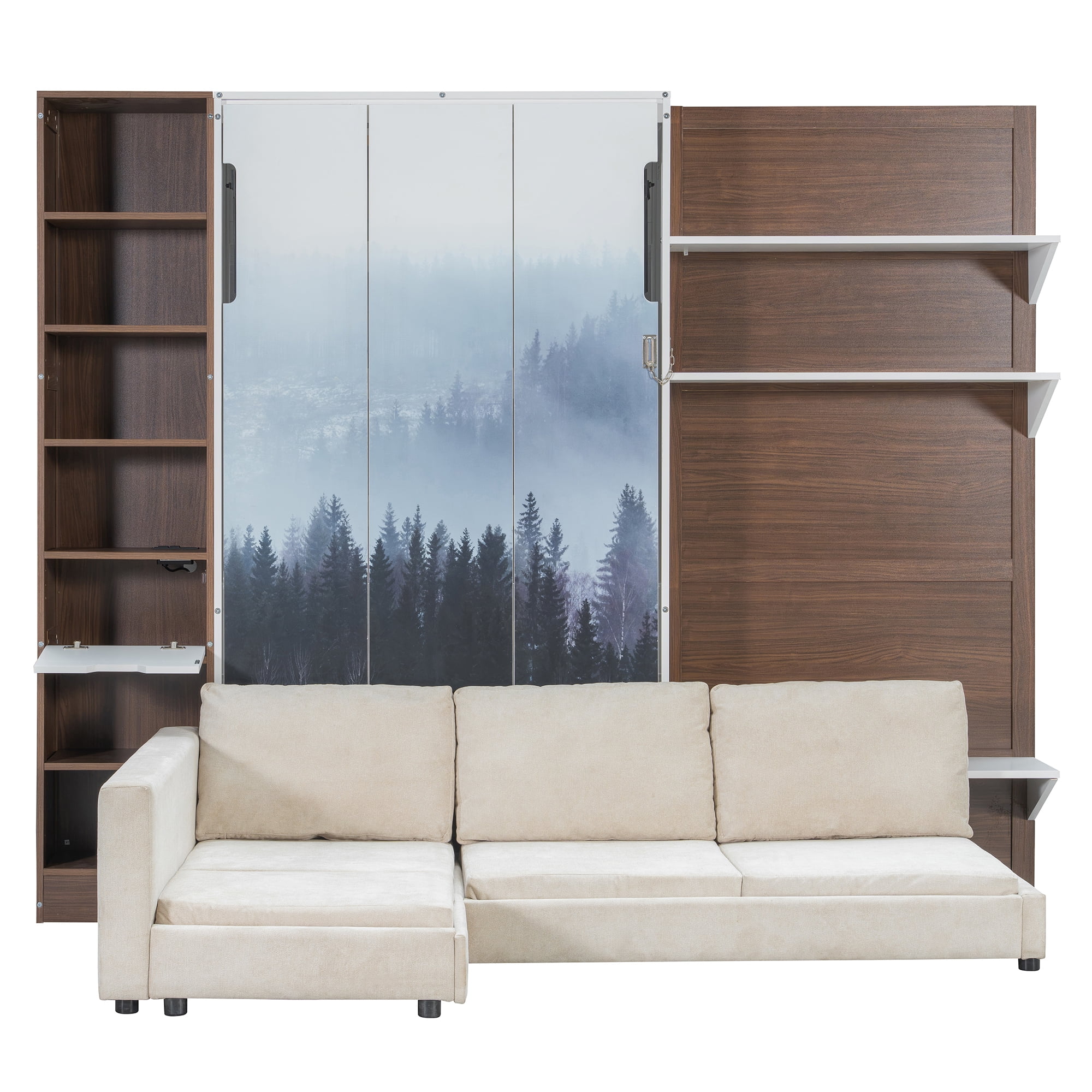 Twin Size Murphy Bed with SOpen Shelf, USB Port, L Shape Sofa, Space-Saving for Small Space, Guest Room
