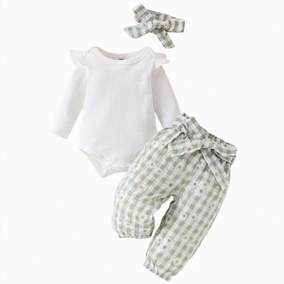 TOWED22 Newborn Infant Girl Fall Winter Clothes 3-Piece Set Long Sleeve Round Neck Romper Jumpsuit Ribbed Pants Headband Outfits Set(Light Green,18-24 M)