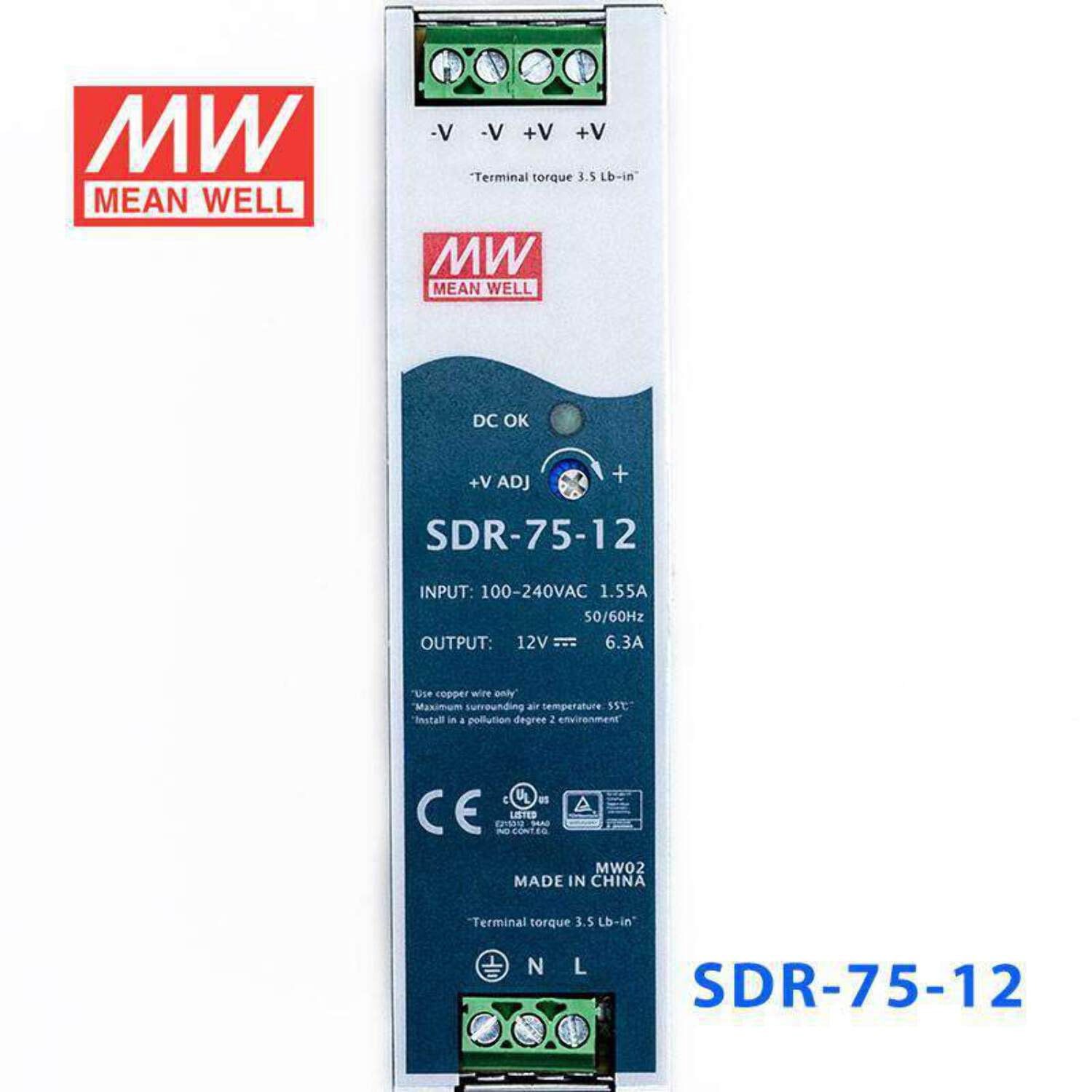 Mean Well SDR-75-12 Single Output Industrial Power Supply 75W 12V - DIN Rail