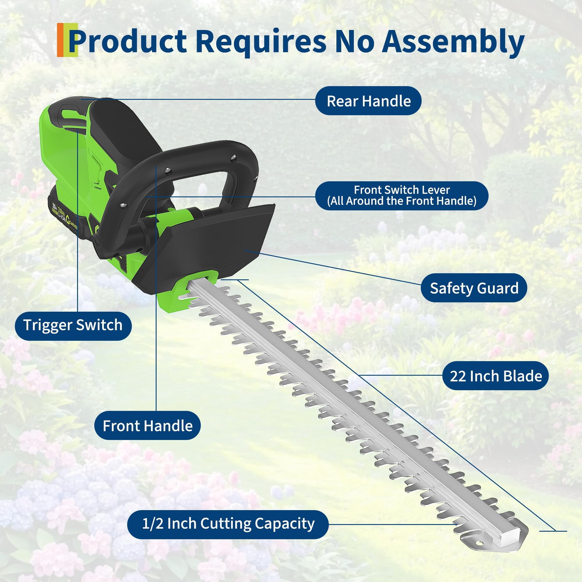 Cordless Hedge Trimmer & Grass Shear, 22" Electric Hedge Cutter with 2×2.0Ah Batteries & Charger, 180° Rotating Head, Lightweight Garden Trimmer for Lawn, Shrubs & Bushes, Green
