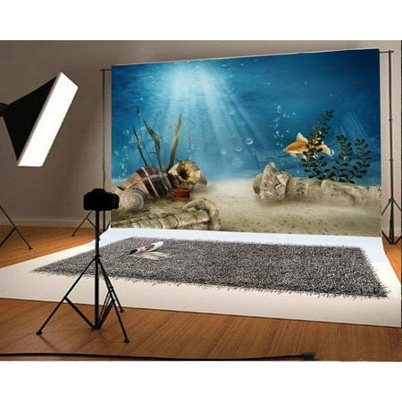 Image of HelloDecor 7x5ft Backdrop Underwater Ruins Photography Background Fantasy Underwater Ruins Old Phonograph Fish Sea Bottom Plants Sunlight Ray Blue Water Boy Children Adult Photo Prop