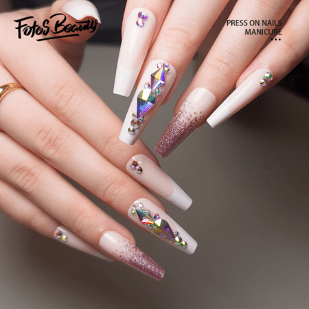 Fofosbeauty 24pcs Press on False Nails Tips, Coffin Fake Acrylic Nails, French Powder Pink White