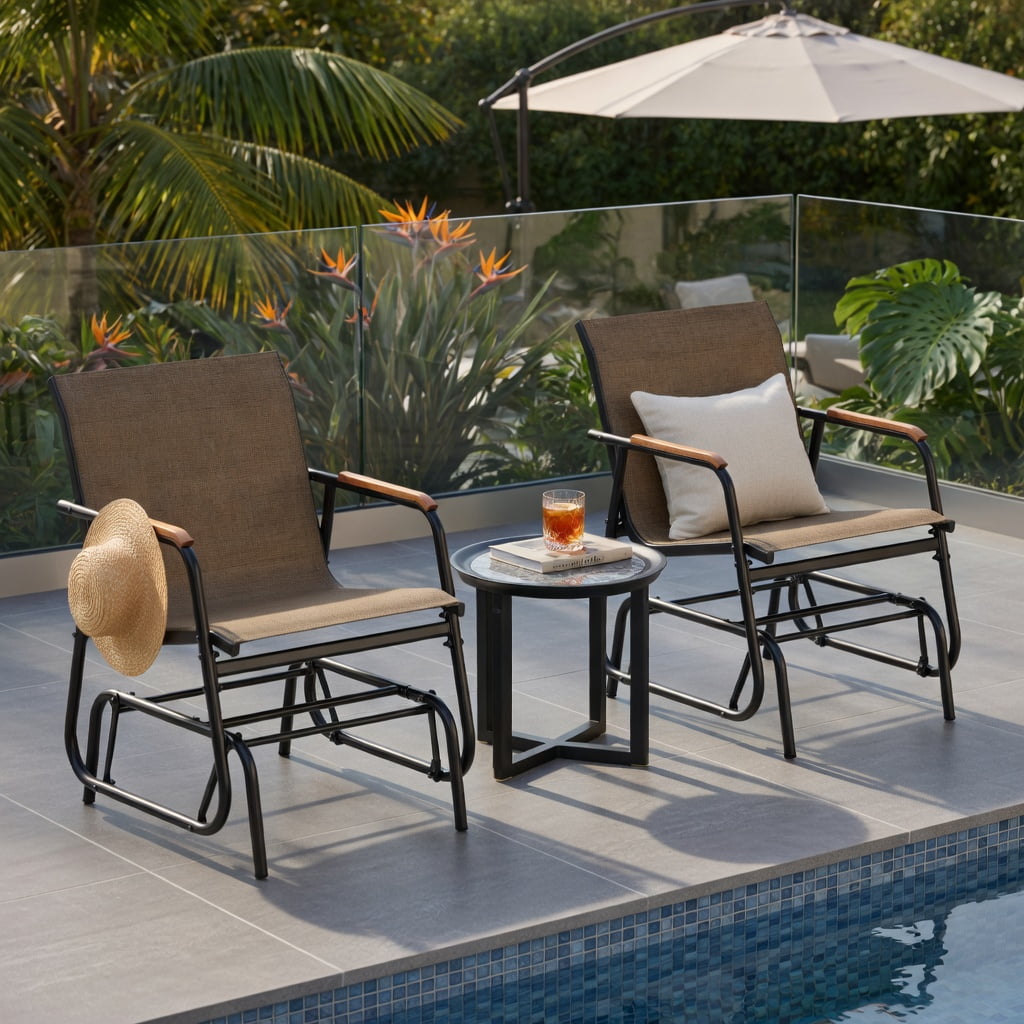 Hommoo 2-Piece Outdoor Glider Chair Set with Teak Wood Armrests, Breathable Fabric Seats & Sturdy Metal Frame for Patio, Porch, or Poolside, Brown