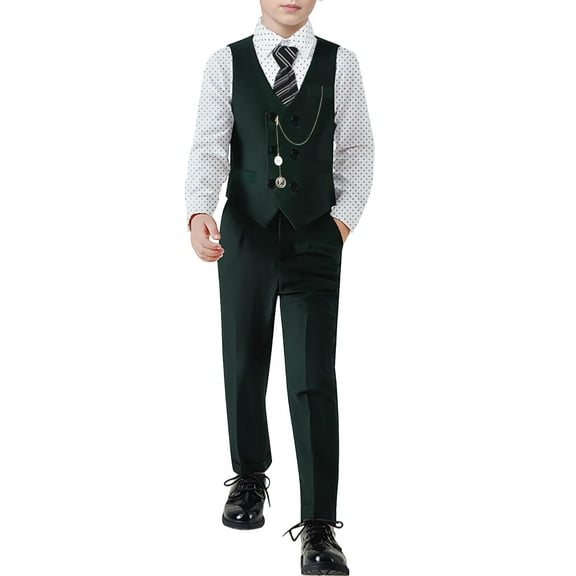 Boys Suit Formal Dress Clothes Big Boy Wedding Outfit Vest Pants Dress Shirt Chain Adjustable Tie 6-10Y