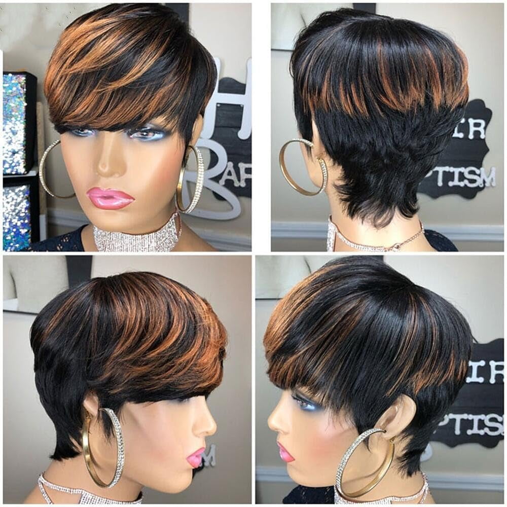 Short Straight Pixie Cut Wig Ombre 1B/30 Human Hair With Bangs 150% Density Full Machine Made Wigs For Women