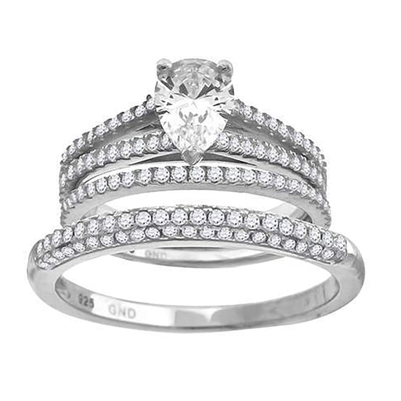 Sterling Silver Cubic Zirconia Pear Bridal Anniversary Engagement Wedding Trio Set Ring Size 6