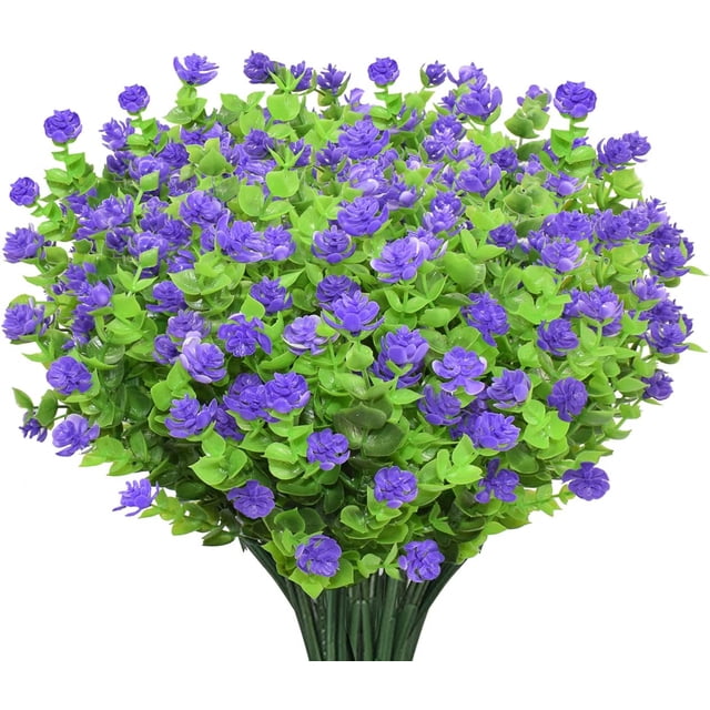 10 ramos de flores artificiales planta falsa, resistente a los rayos UV verdor arbustos plantas eucalipto interior al aire libre colgante jardinera hogar jardín decoración, púrpura | JUNJUN