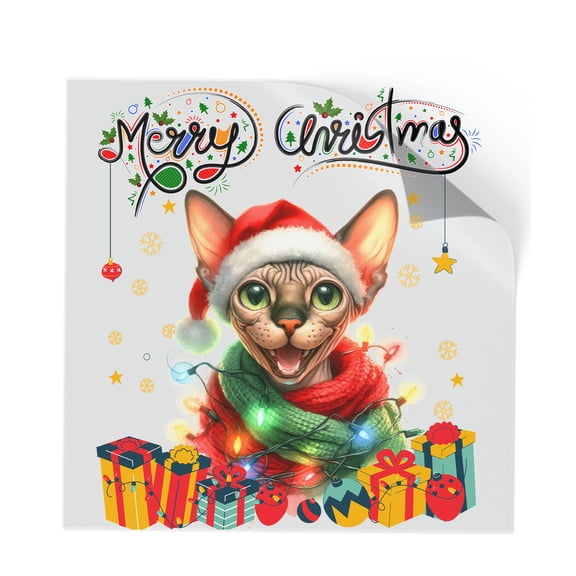 Merry Christmas Santa Sphynx Scarf Twinkling Lights Xmas Holiday Cutout Transfer Sticker Cat Lover Kitten Owner Gifts Idea Transparent Decal Art Decor - 00022