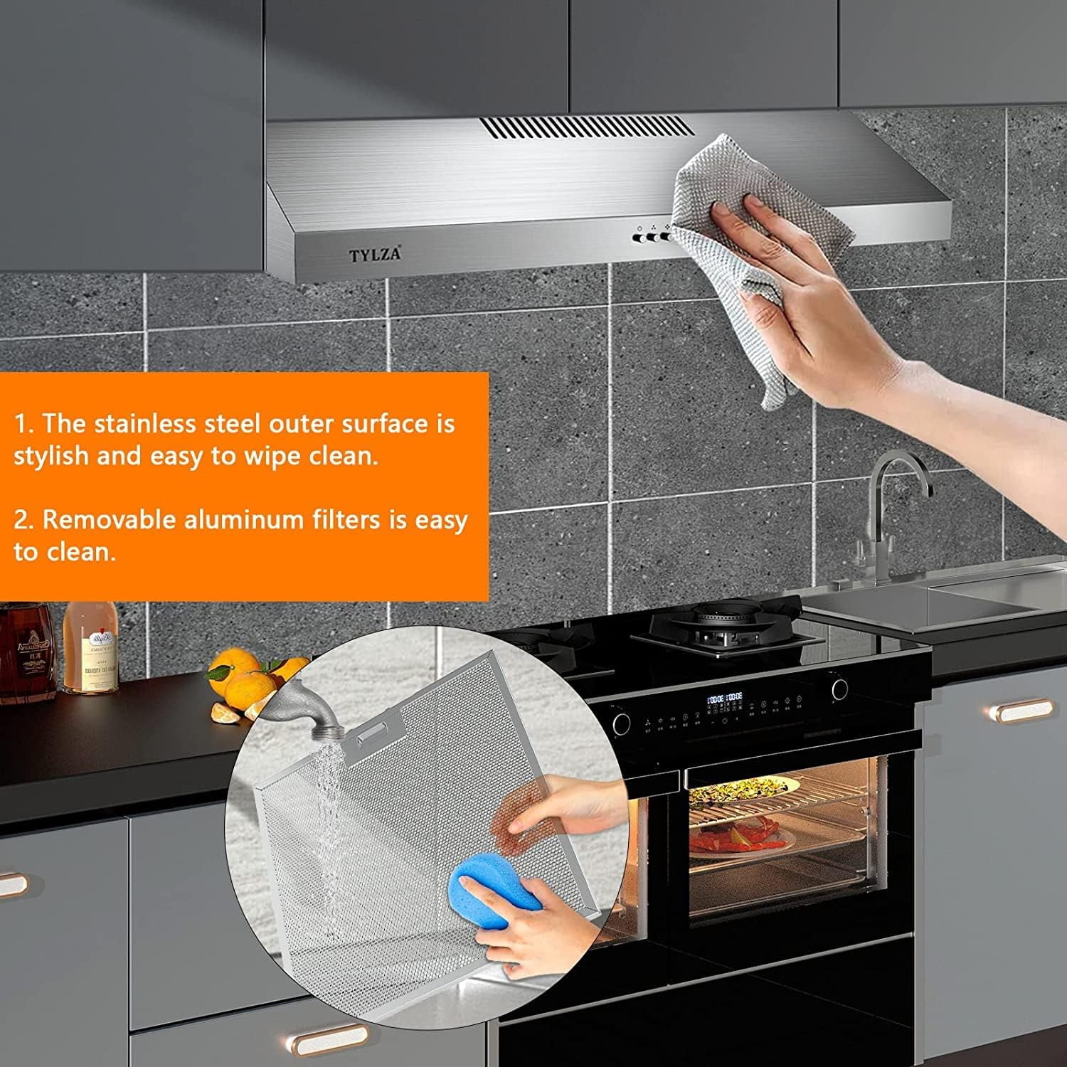 TITTLA 30" 600 CFM Stainless Steel Kitchen Under Cabinet Range Hood with 2 x 2W LED Lights and 2 Replacement Charcoal Filter