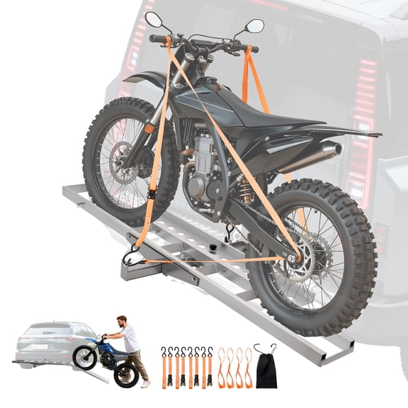 VEVOR Motorcycle Carrier, 400 lbs Capacity, Heavy Duty Aluminum Hitch Mount Rack with 47in Loading Ramp, Straps & Stabilizer, Scooter Dirt Bike Trailer Hauler for Car Truck with 2-Inch Hitch Receiver