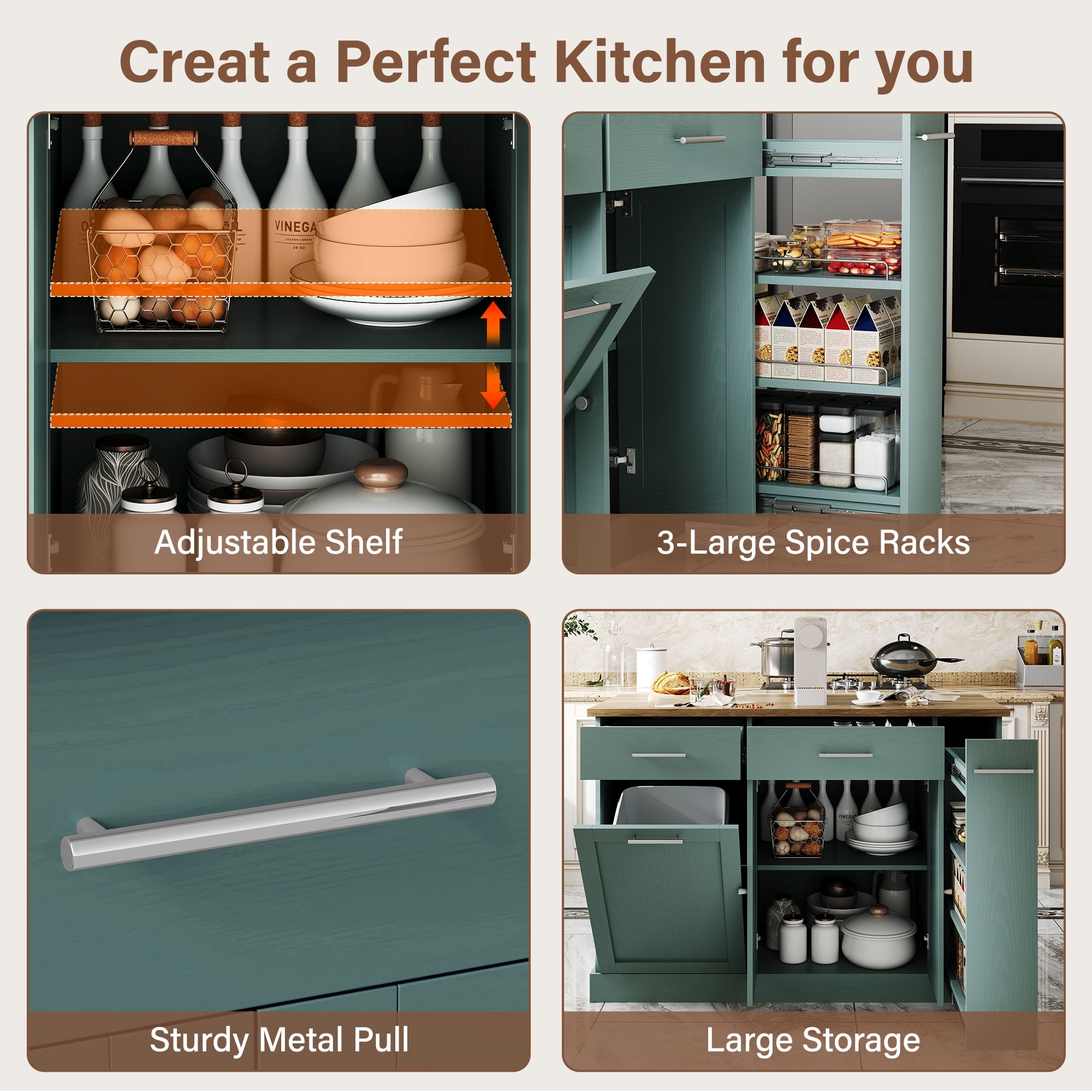4 EVER WINNER 53" Rolling Kitchen Island on Wheels, Mobile Kitchen Cart with Trash Can Storage, 3-Tier Spice Rack & Adjustable Shelves, Kitchen Island Table for Versatile Kitchen Storage, Deep Green