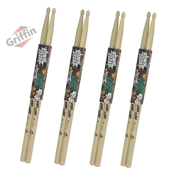 Griffin Attack Zzzap Drum Sticks - 4 Pairs of Select Elite Maple Wood Size 5A - Balanced, Level and Straight - Drummers Percussion Classic Pure Grit Uncoated, Raw Wood Drumming Sticks